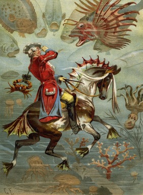 Illustration of Baron Münchhausen underwater by Gottfried Franz 1896